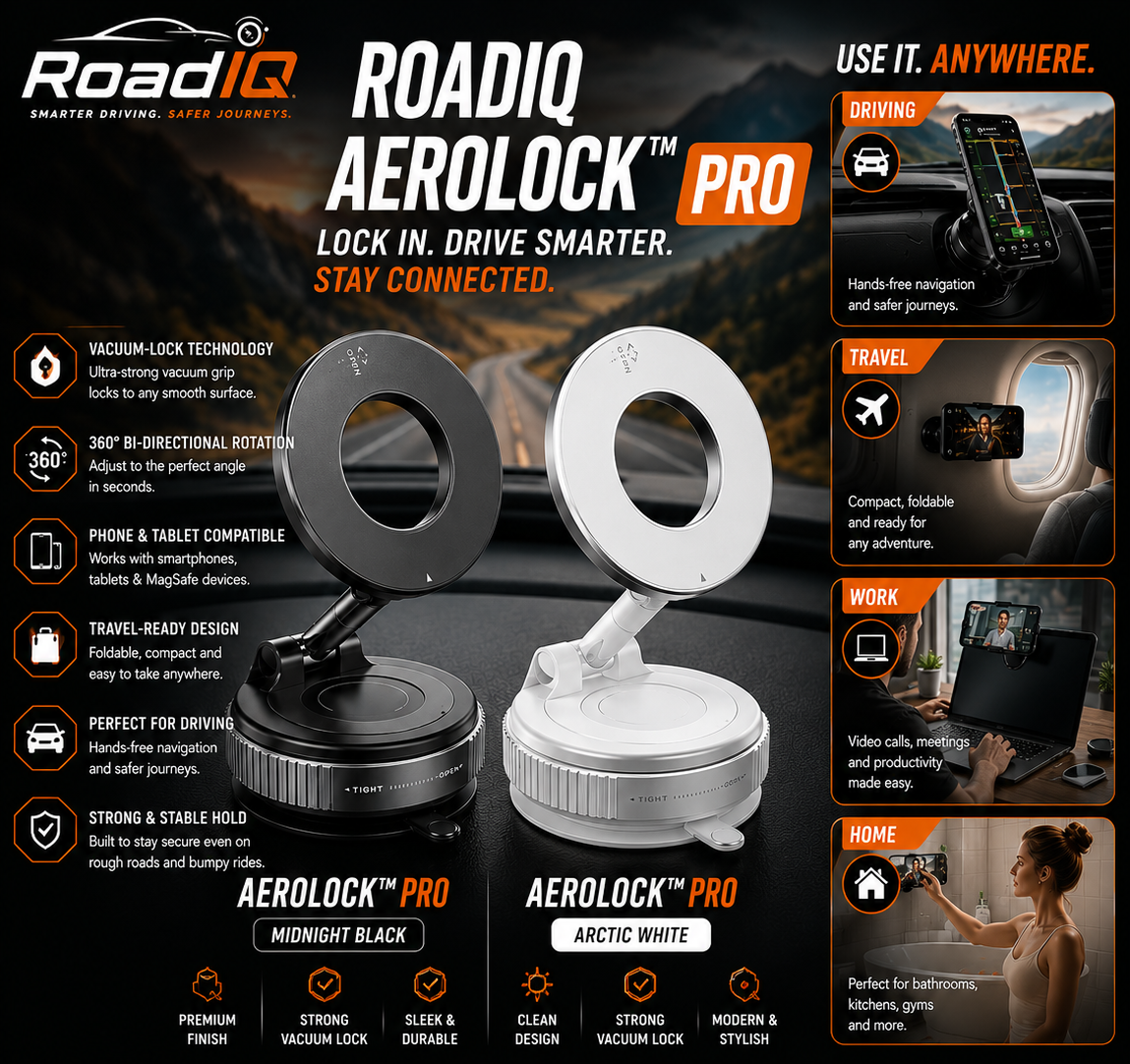 RoadIQ AeroLock™ Pro | Premium Vacuum Phone Mount